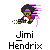 Pixel art animation of Jimi Hendrix playing guitar with colored motion trails, displayed as a 7-frame contact sheet on gray background.
