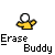 Animated sequence of a yellow cartoon figure with white head holding a pink eraser, eraser and figure gradually disappear from frame to frame.