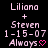 Pixelated text displays 'Liliana', 'Steven', '1-15-07', and 'Always.' with a pink heart symbol on a black background.
