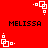 Red background with white pixelated shapes and black text reading 'MELISSA' in four positions, showing animation changes in shape orientation and dot placement.