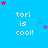 Blue background with repeated white text 'tori is cool!' and scattered red/purple/blue stars in pixelated style.