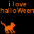 Pixelated orange cat walks across black background with repeated 'i love halloween' text in matching color, one instance partially obscured by gray rectangle.