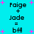 Cyan background with pink plus signs; black text displays 'Paige + Jade = bff' in two identical vertical