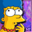 Yellow cartoon character with blue hair and red beaded necklace, shown in multiple poses against purple and blue background with vertical text.