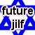 Blue star-shaped icon with white triangular cutouts, featuring black text 'future' above and 'jilf' below on light beige backgrounds.