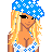 Pixel art of a blonde woman in blue and white polka-dot attire with a matching headscarf, holding a blue bottle, positioned above a of text