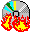 Pixelated CD with green, blue, and yellow top segments, surrounded by red and yellow flames, animated to flicker and shift