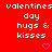Red background with white pixelated text reading 'valentines day hugs & kisses' and small purple heart symbols.