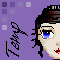 Pixelated avatar with brown hair and blue eyes shows three distinct facial expressions against a purple background with gray squares.