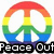 A pixelated peace symbol with rainbow-colored segments and the text "Peace Out" below it in blocky black-and-white lettering.