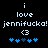 Pixelated text and symbols on black background with blue and white elements, showing 'i love jennifucka! <3' and heart patterns.