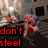 Animated sequence showing a character in red and blue clothing with arms outstretched, transitioning from 'don't steal' text to 'my spidercar' text.
