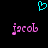 A black background displays a cyan pixelated heart above two identical pink text elements reading 'jacob' with musical note accents on the first letter.