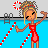 A 4x4 contact sheet of animated frames showing a pixel art character in a red swimsuit at the top-left, with blue water bubbles and various text items like "suit $60", "goggles $15", "cap $10", and repeated "priceless!" across other cells.