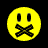 Static pixelated yellow smiley face icon with black rectangular eyes and a crossed-out mouth symbol on solid black background.