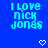Blue background with cyan pixelated text reading 'I Love Nick Jonas' and two white pixelated heart symbols below.