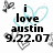 Pixelated icon with black text reading 'i love austin 9.22.07' over light blue heart outline and gray butterfly on white background.