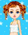 Pixelated cartoon-style icon of a female character with curly red hair in pigtails, blue eyes, and a white crop top against a starry blue background.