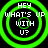 Four identical circular green neon rings with white text 'HEY WHAT'S UP WITH U?' on black background, arranged in a