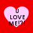 Four identical pink heart-shaped icons with black text "U LOVE ME!?!", each on a solid red background, arranged in a