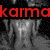 A four- displays a grayscale cartoon character with horns and a tail, overlaid with red text reading "karma is a bytch" across the