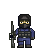 Pixel art character in blue tactical gear holding a rifle, wearing black mask with yellow eyes and dark helmet.