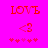 Red pixelated text 'LOVE' above a heart symbol and five stars on a bright pink background.