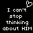Black background with white pixelated text reading "I can't stop thinking about HIM" and a pixelated heart symbol above the text.