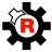A pixelated icon features a red letter R inside a white circle, surrounded by a black gear-like shape with six rounded arms and a small white star on the top-left arm.