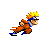 Pixelated character in orange jumpsuit with blue accents running left to right, yellow spiky hair, black headband with metal plate.