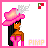 Pixel art contact sheet showing two frames of an animated AIM buddy icon featuring a cartoon woman with long black hair, pink hat, and pink outfit against white background.