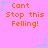 A static image with a bright pink background displays repeated orange text reading "Cant Stop this Felling!" surrounded by cyan and light blue star-shaped pixel art elements.