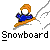 Pixelated animated snowboarding character with orange hair and blue jacket on a snowy slope, displayed in a 3x2 contact sheet of five frames.