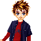 Pixel art avatar with brown and yellow spiky hair, blue eyes, red long-sleeve shirt, dark blue short-sleeve jacket, and four distinct facial expressions.