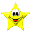 Yellow star-shaped figure with red mouth and black eyes, shown in two states: one with visible eyes and another with closed eyes.