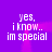 Purple background with four identical text blocks displaying 'yes, i know.. im special' in white pixelated font.