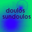 Pixelated text 'doulos' and 'sundouls' on a green-to-blue gradient background with faint circular patterns.
