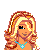 Pixel art of a female character with blonde hair wearing green top and pink skirt, shown in multiple views including full-body, torso-only, head-and-shoulders, and partial legs.