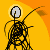Pixelated figure with circular head and black scribbled body against yellow-orange gradient background, holding long thin object pointing right.