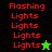 Red pixelated text "Flashing Lights" repeated five times on a black background with a green star, and the same text on a green background with a black star.