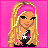 Pixel art contact sheet showing a female character's full body with pink background, text phrases, and visible animation frames of the same icon.