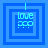 Four blue square frames with layered borders display 'love pop' text in cyan pixelated font, each frame suspended by a vertical line.
