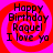 Four identical display 'Happy Birthday Raquel I love yo' text over red and pink spiral backgrounds with black pixelated lettering