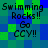 Pixelated text 'Swimming Rocks!! Go CCY!!' on a blue-green pixel background with no visible animation changes
