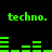Green pixelated text and audio waveforms on black background, with repeated 'techno.' labels and changing bar patterns.