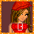 Pixel art contact sheet showing a female character in red crop top, blue jeans with flame effects, and red beret across four frames including full body, torso, legs, and text panel.