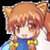 Pixelated anime-style character with orange hair, cat ears, and a blue dress with yellow bow, shown in three sequential expressions against black background.