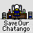 Pixel art of a person at a desk with computer monitors, text 'Save Our Chatango' below, and small server racks on both sides.