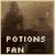 Pixelated image with dark background and white text reading 'POTIONS FAN' in blocky font, featuring a blurred figure on the left.