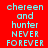 Pixelated text 'chereen and hunter NEVER FOREVER' in cyan on red, white, and pink backgrounds.